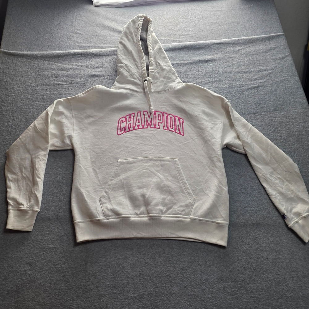 Champion Womens White‎ Pink Logo Pullover Hoodie Sweatshirt Size M 0498